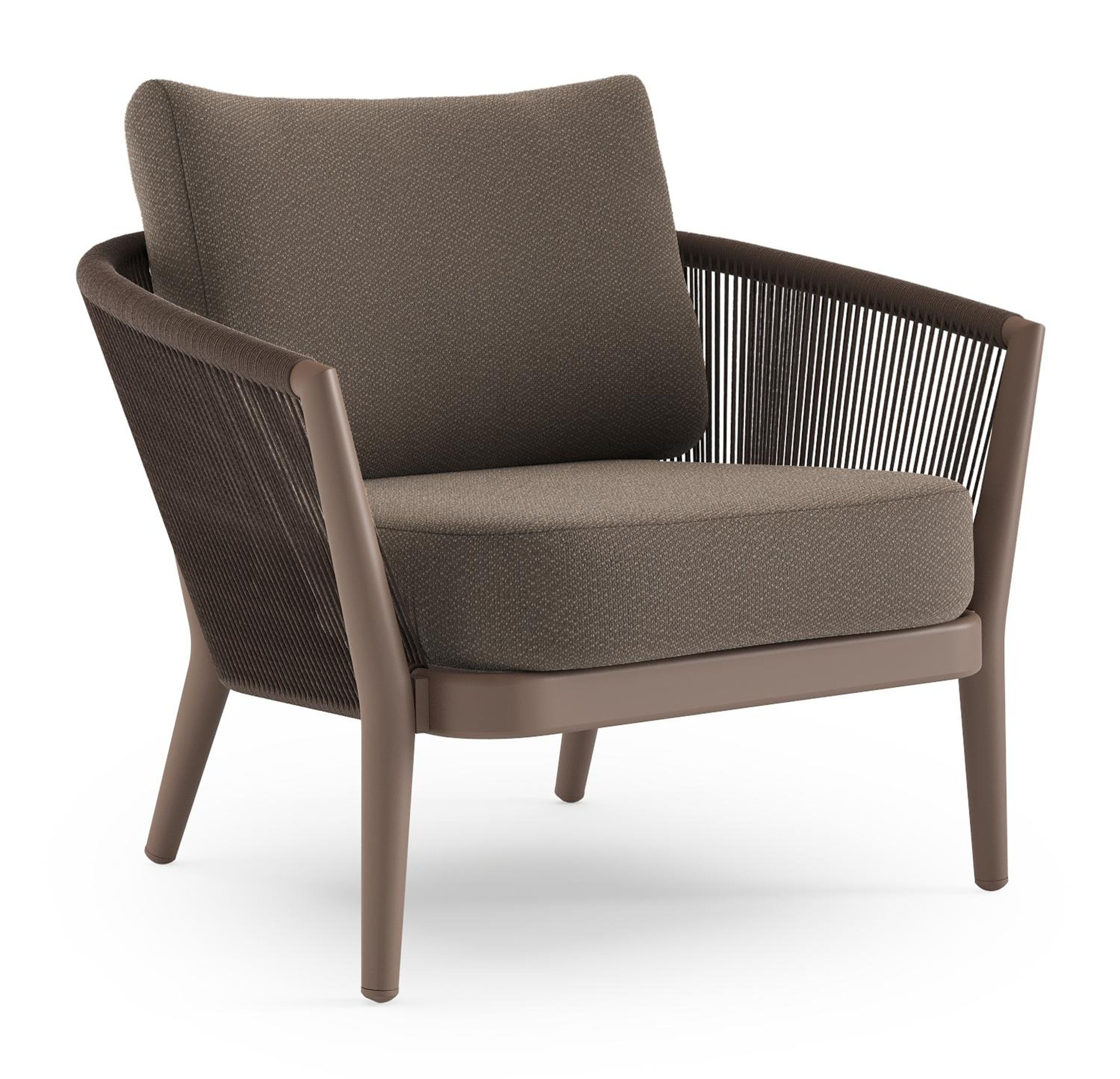 Fauteuil de jardin Orso en aluminium taupe en corde ronde tissée verticalement noir et coussins en all weather sunbrella® luxe Lopi Coconut