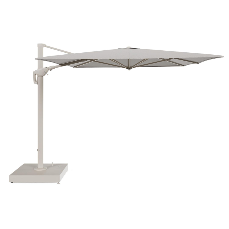 Minore zweefparasol met tiltfunctie in beige aluminium en Firenze Sand All Weather Solica parasoldoek - L1 400 x L2 300 cm met parasolvoet Minore 260 kg met wielen
