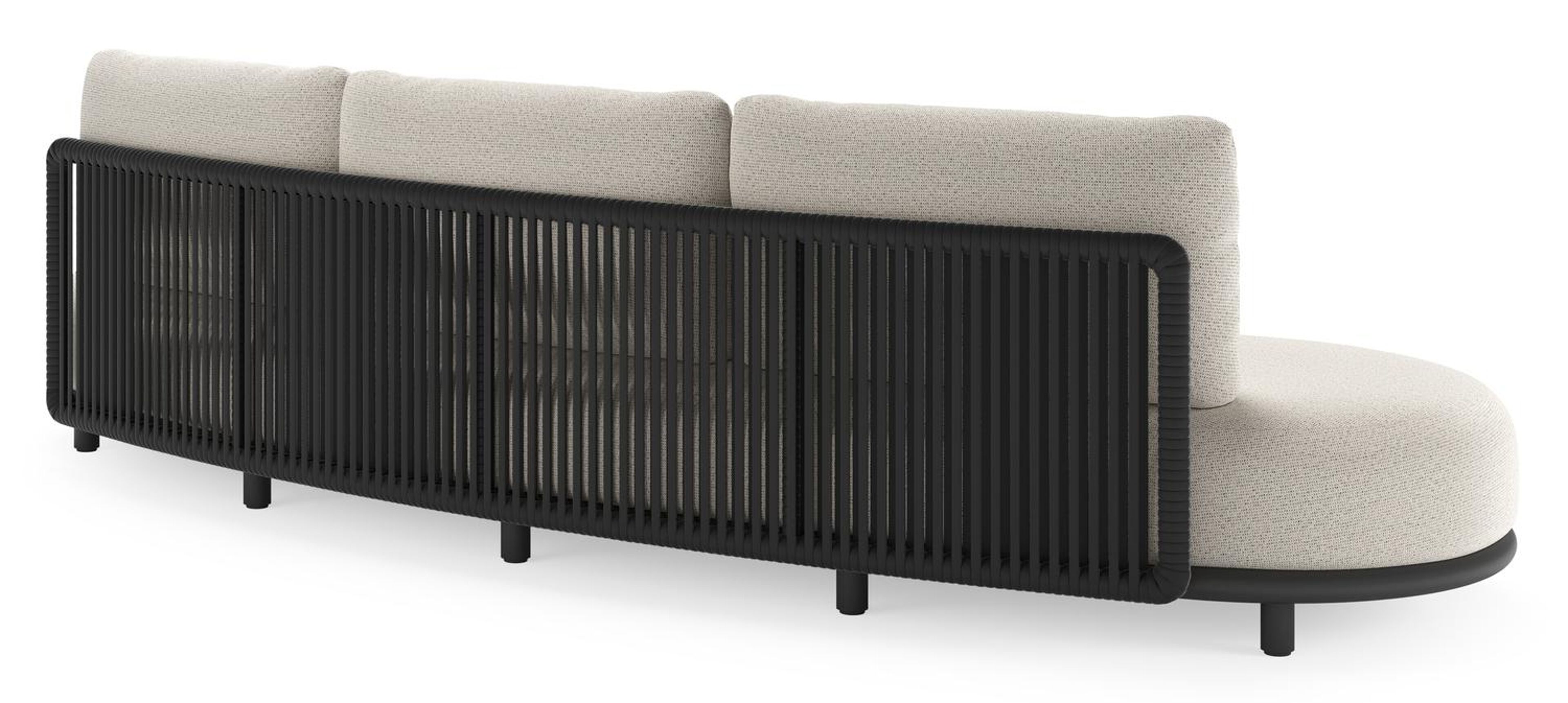 Lomano loungeset in zwart aluminium en zwart verticaal geweven luxe vlakke rope met firenze natural all weather solica kussen