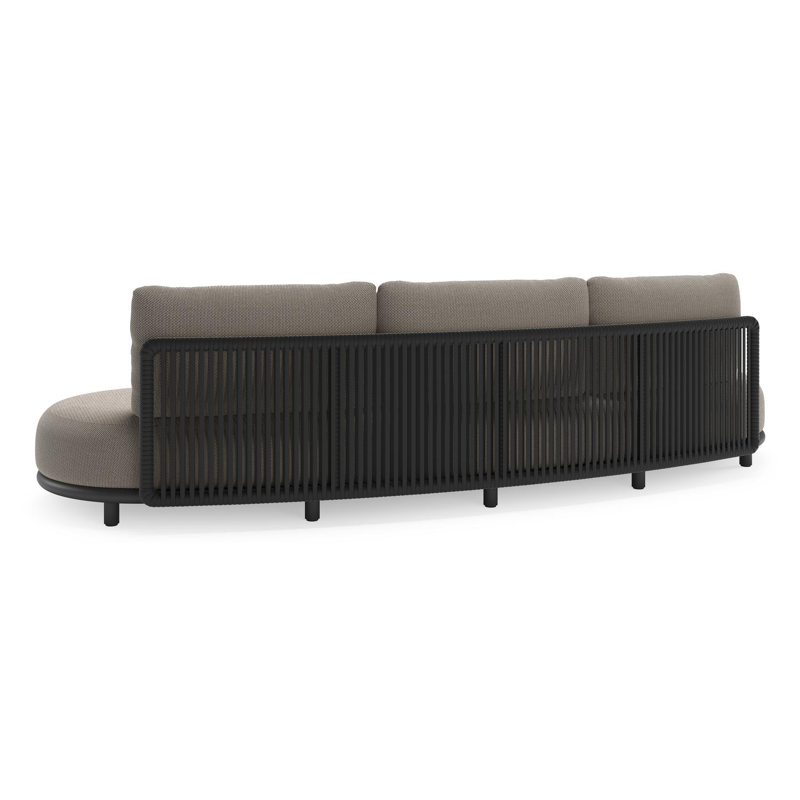 Lomano loungebank in zwart aluminium en zwart verticaal geweven luxe vlakke rope met lopi pepper all weather sunbrella® luxe kussen