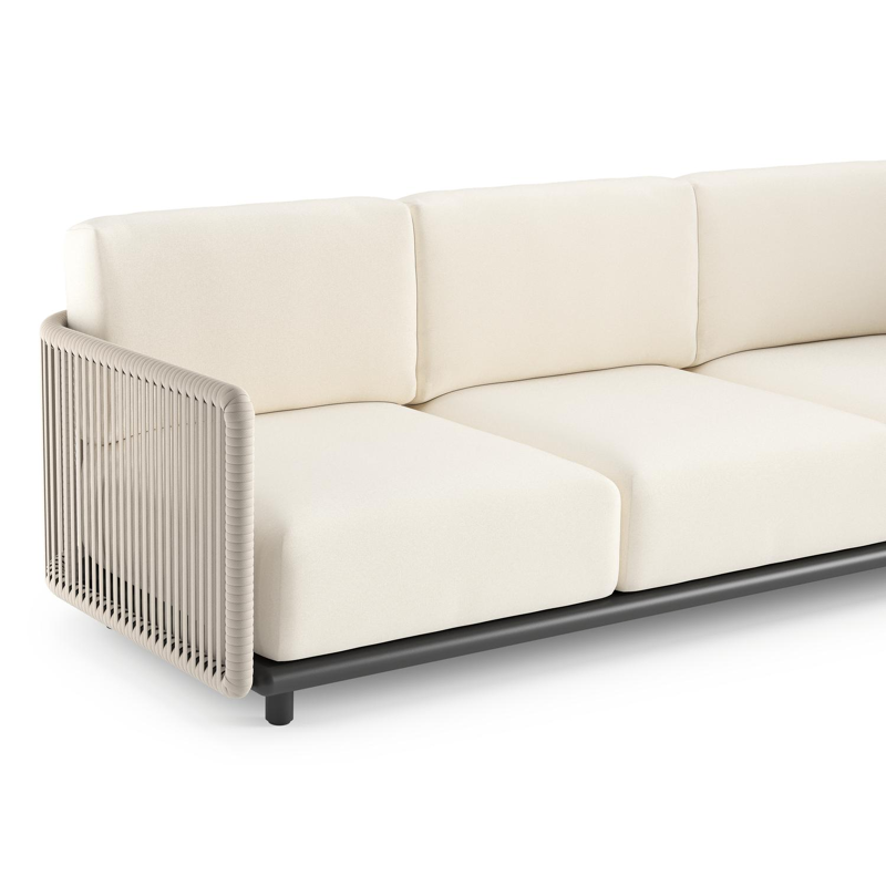 Organo loungehoek in zwart aluminium en beige verticaal geweven luxe vlakke rope met natte white all weather Sunbrella® luxe kussen