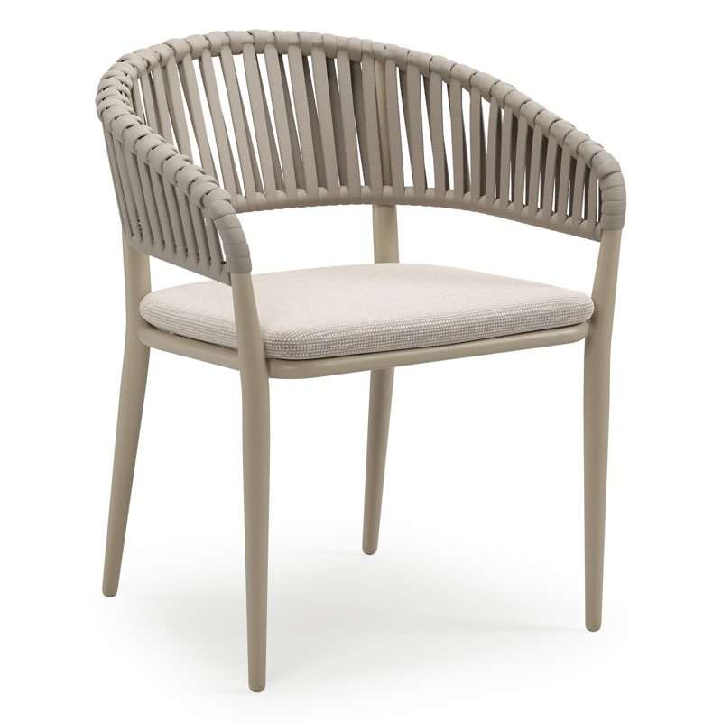 Tolfa stapelbare tuinstoel in beige aluminium en beige verticaal geweven luxe vlakke brede rope met stoelkussen in All Weather Sunbrella® Luxe Slow Farafra