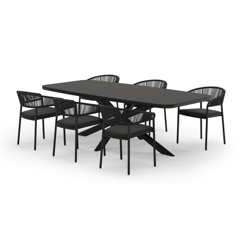 Pamplona ensemble de jardin forme de bateau en aluminium noir en sintered stone notte minerale avec 6 chaises de jardin Zamora