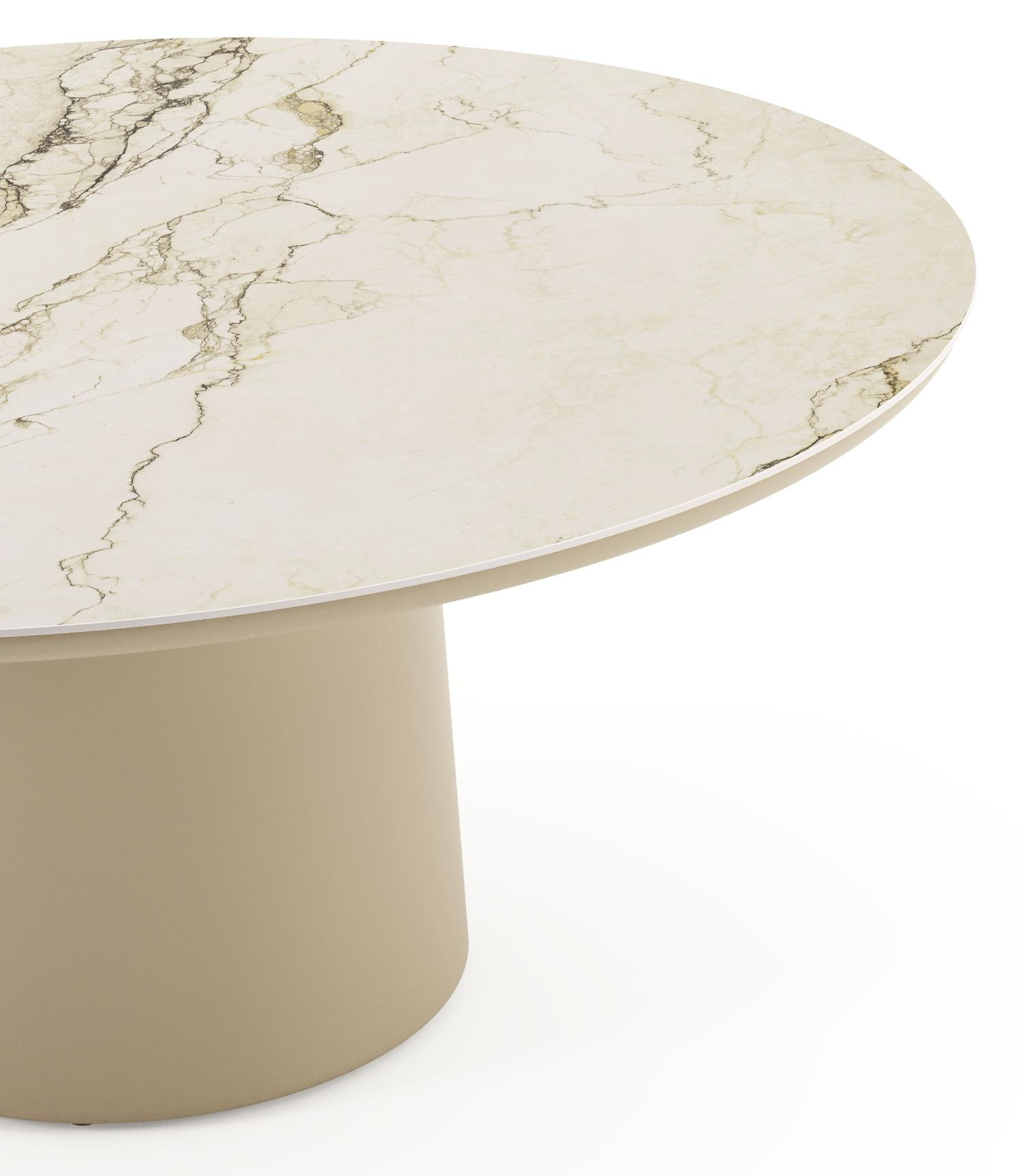 Amico low dining tuintafel rond in beige aluminium en volkeramiek Colorado Dunes - Dia. 148 x H 61 cm