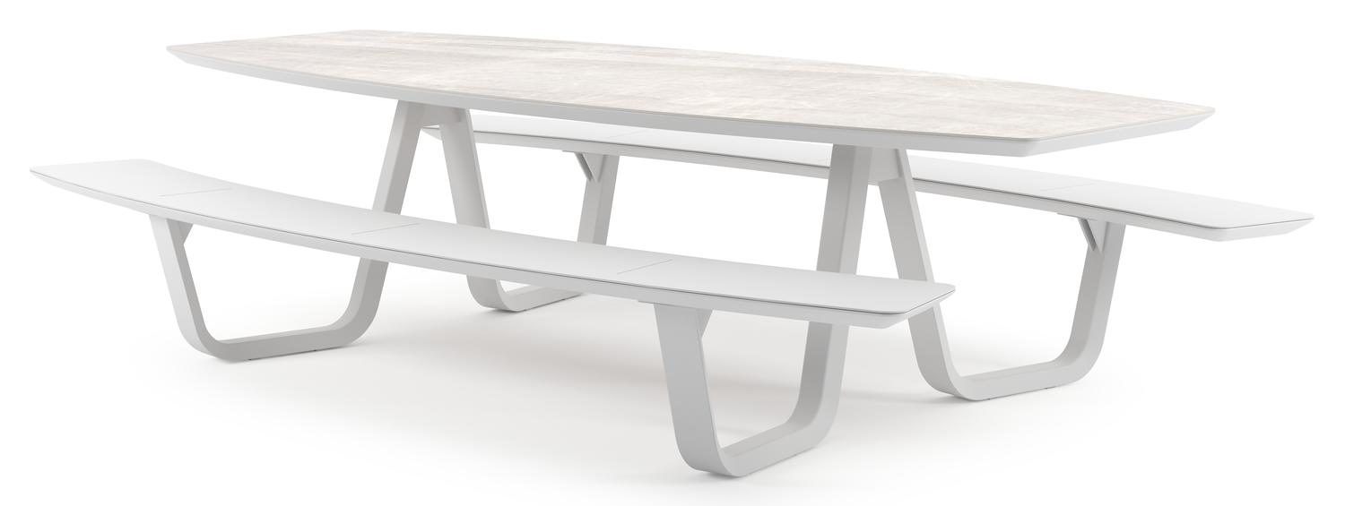 Table de pique-nique Forno forme de bateau en aluminium blanc et céramique pleine Taj Mahal - Lg. 280 x Lrg. 192 x Haut. 72 cm