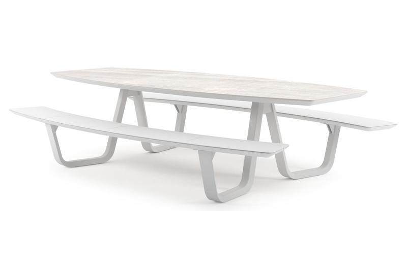 Forno picknicktafel bootvorm in wit aluminium en volkeramiek Taj Mahal - L 280 x B 192 x H 72 cm