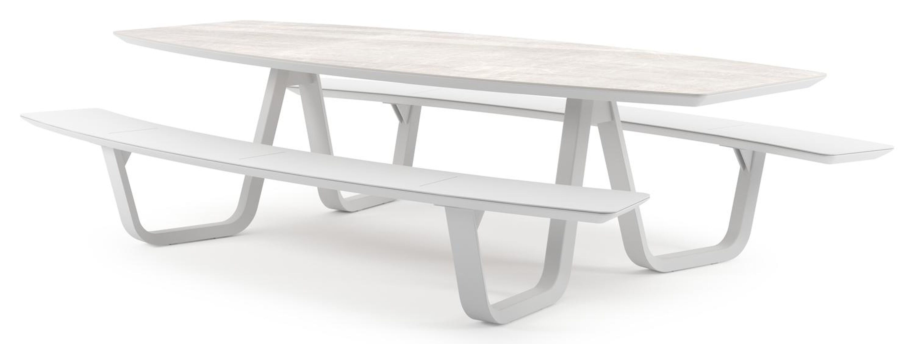 Forno picknicktafel bootvorm in wit aluminium en volkeramiek Taj Mahal - L 280 x B 192 x H 72 cm