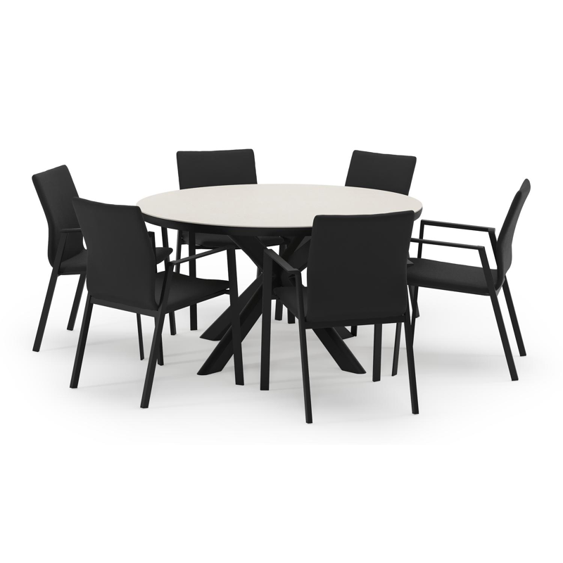 Pamplona ronde tuinset in zwart aluminium en sintered stone crema minerale met 6 Madura tuinstoelen