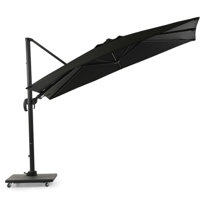 Avola zweefparasol met tiltfunctie in zwart aluminium met zwart weather+ softtouch parasoldoek - L1 200 x L2 300 cm (met voet)