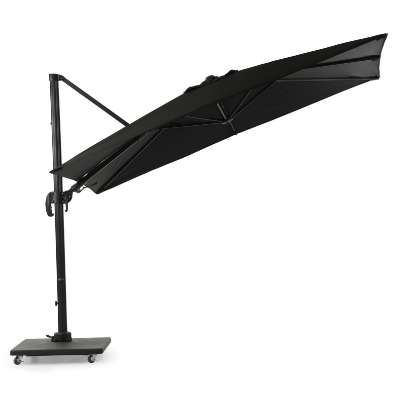 Avola zweefparasol met tiltfunctie in zwart aluminium met zwart weather+ softtouch parasoldoek - L1 200 x L2 300 cm (met voet)