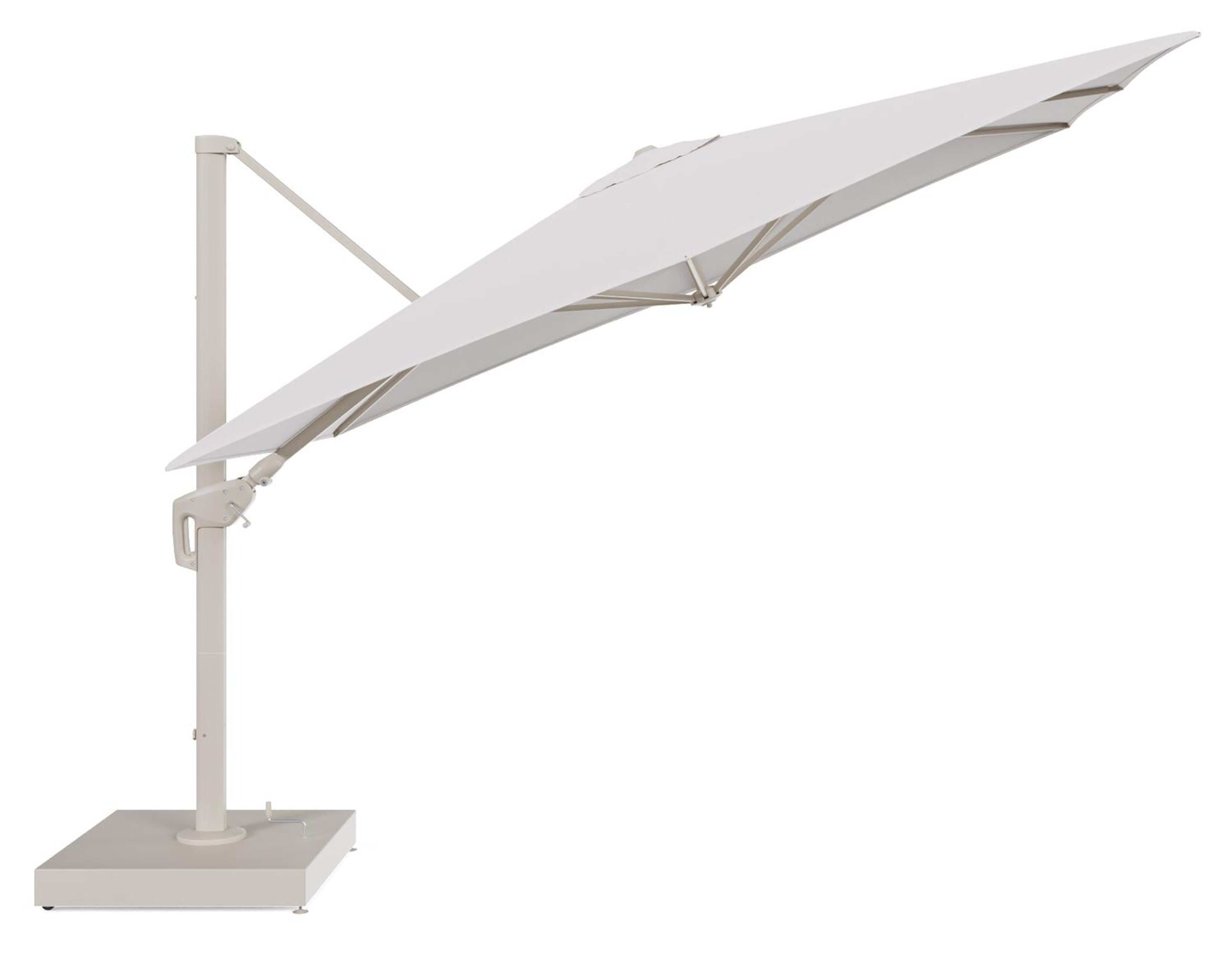 Minore zweefparasol met tiltfunctie in beige aluminium en Ego Eggshell All Weather Solica parasoldoek - L1 280 x L2 370 cm met parasolvoet Minore 260 kg met wielen
