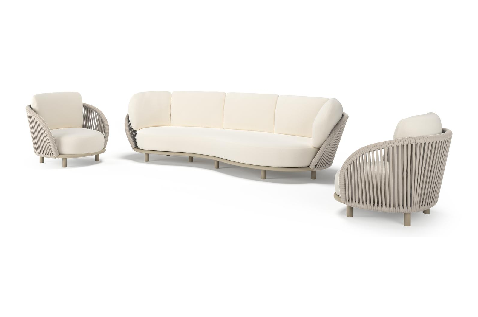 Lupino loungeset in beige aluminium en beige verticaal geweven luxe vlakke brede rope met natte white all weather sunbrella® luxe kussen