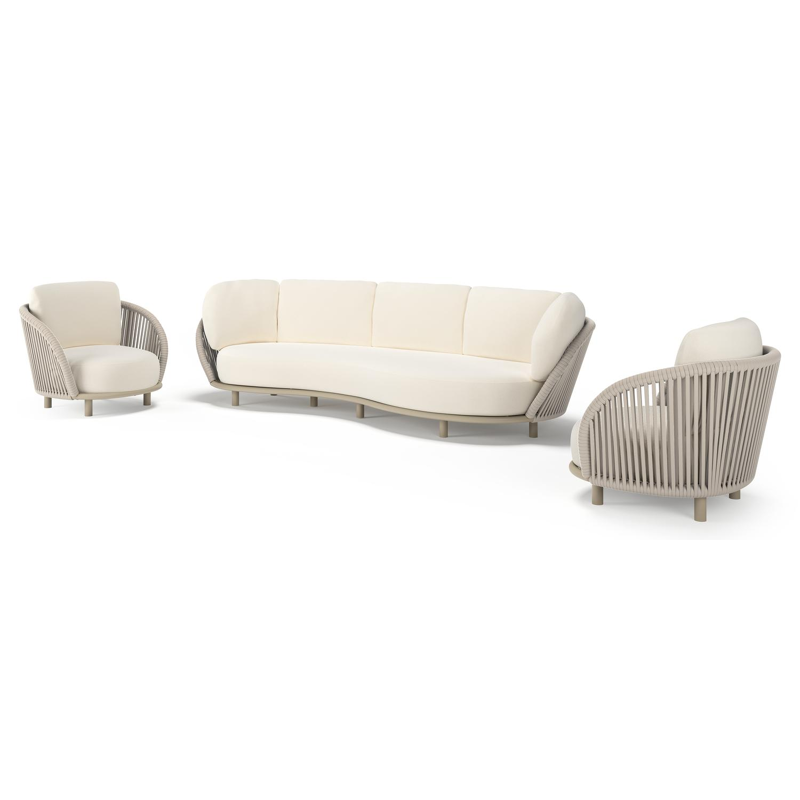 Salon de jardin Lupino en aluminium beige et corde large plate de luxe tissée verticalement beige et coussins en all weather sunbrella® luxe natte white