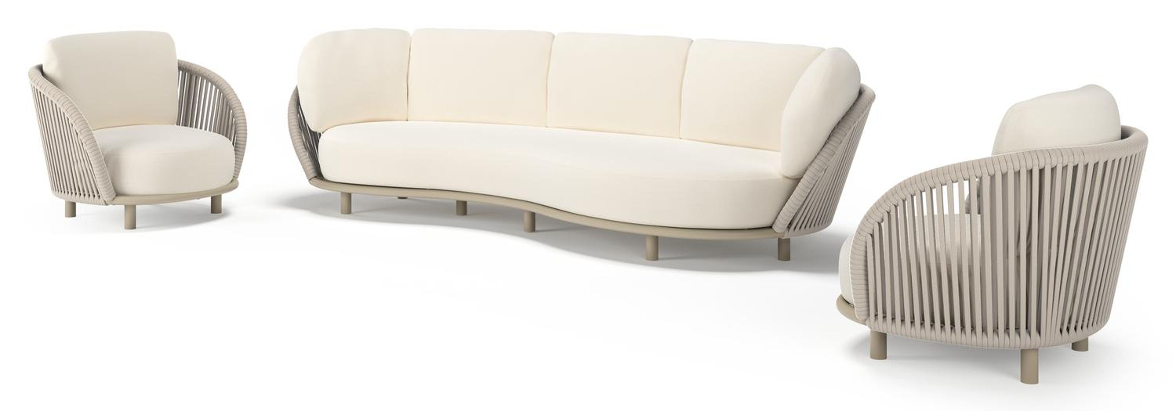 Lupino loungeset in beige aluminium en beige verticaal geweven luxe vlakke brede rope met natte white all weather sunbrella® luxe kussen