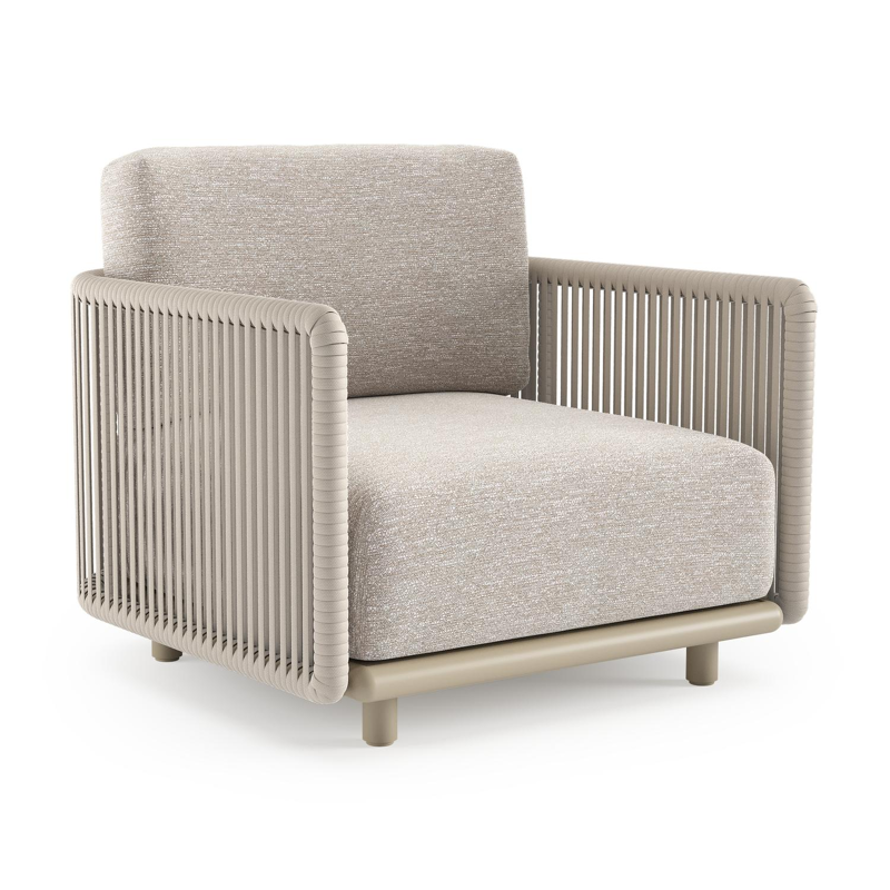 Organo loungestoel in beige aluminium en beige verticaal geweven luxe vlakke rope met tundra sand all weather Sunbrella® luxe kussen