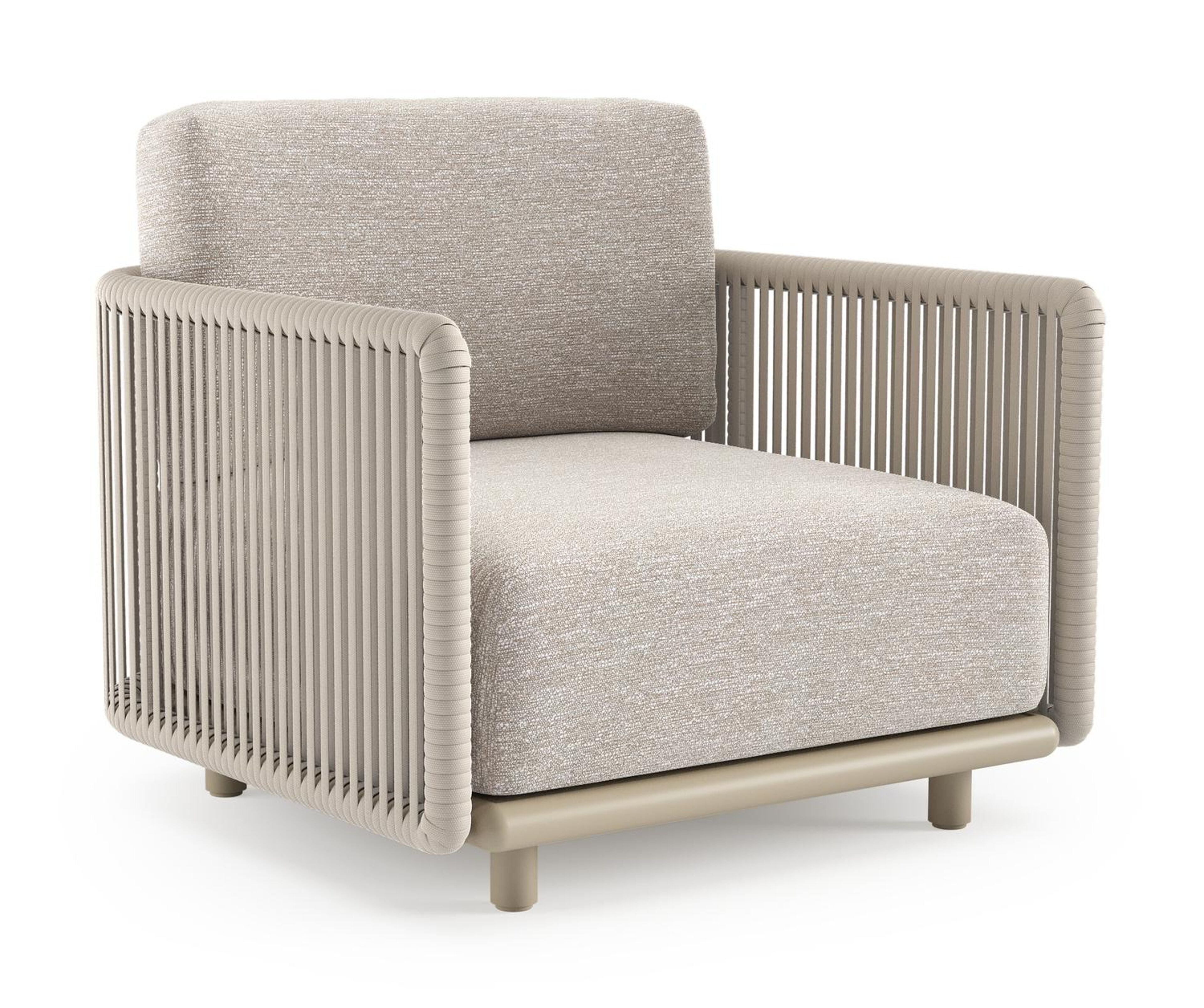 Organo loungestoel in beige aluminium en beige verticaal geweven luxe vlakke rope met tundra sand all weather Sunbrella® luxe kussen