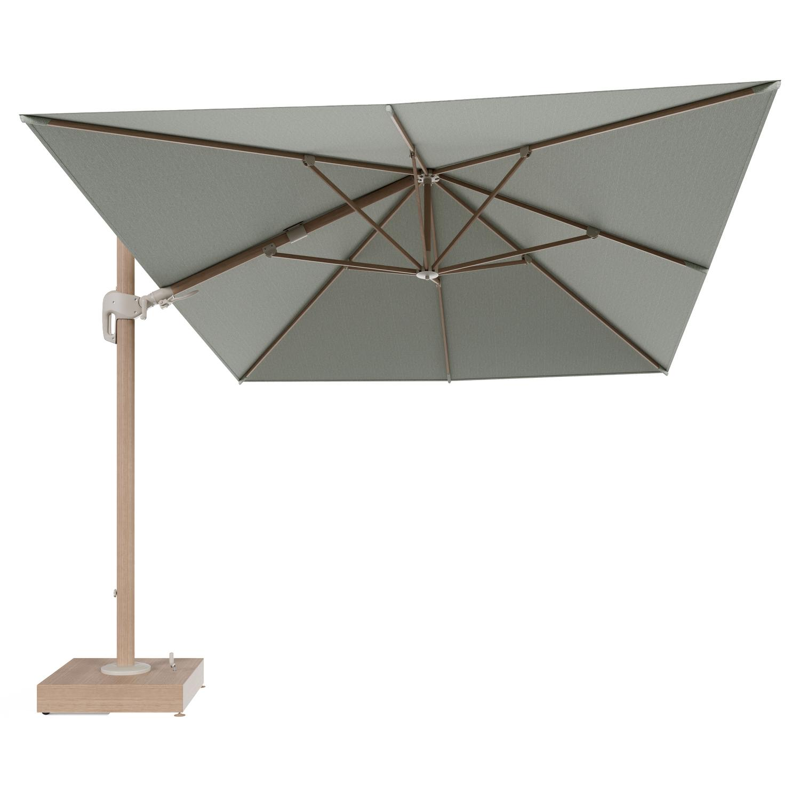Rufina zweefparasol met tiltfunctie in houtlook aluminium en Slow Spirea All Weather Sunbrella® Luxe parasoldoek - L1 400 x L2 300 cm met parasolvoet Minore 150 kg met wielen