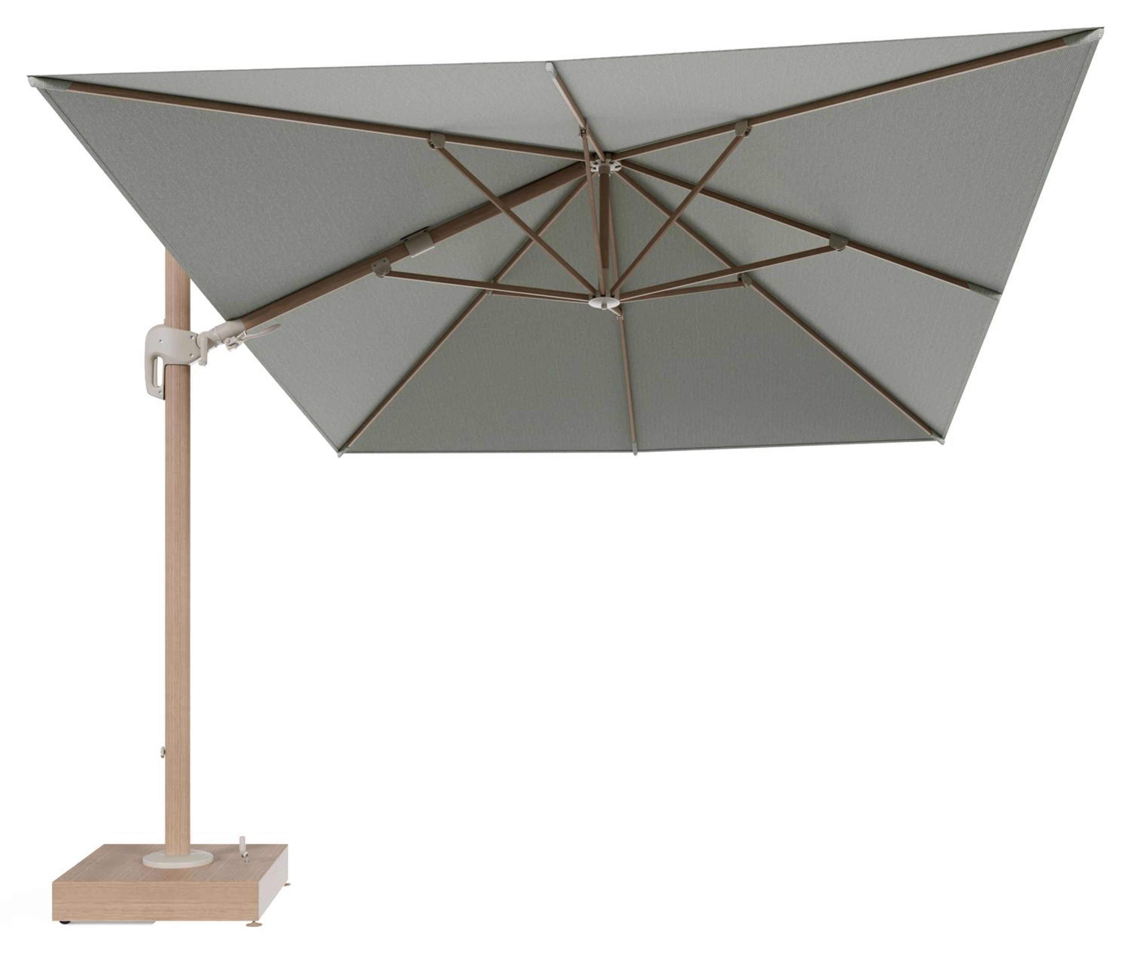 Rufina zweefparasol met tiltfunctie in houtlook aluminium en Slow Spirea All Weather Sunbrella® Luxe parasoldoek - L1 400 x L2 300 cm met parasolvoet Minore 150 kg met wielen