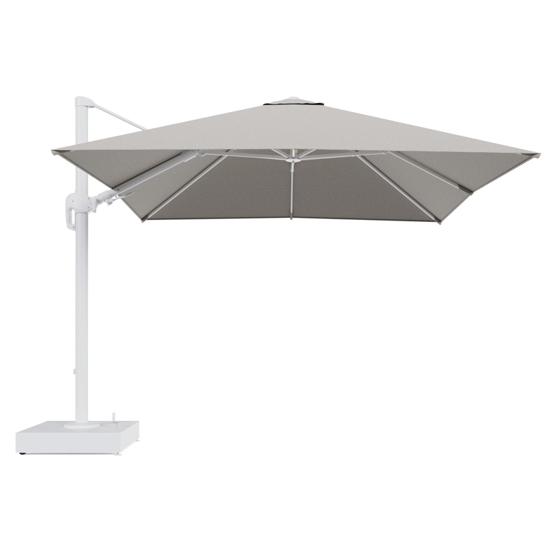 Rufina zweefparasol met tiltfunctie in wit aluminium en Firenze Sand All Weather Solica parasoldoek - L1 300 x L2 300 cm met parasolvoet Minore 150 kg met wielen
