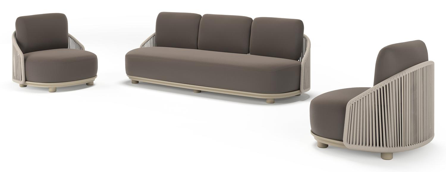 Vadelo loungeset in beige aluminium en beige verticaal geweven ronde rope met natte nature grey all weather sunbrella® luxe kussen