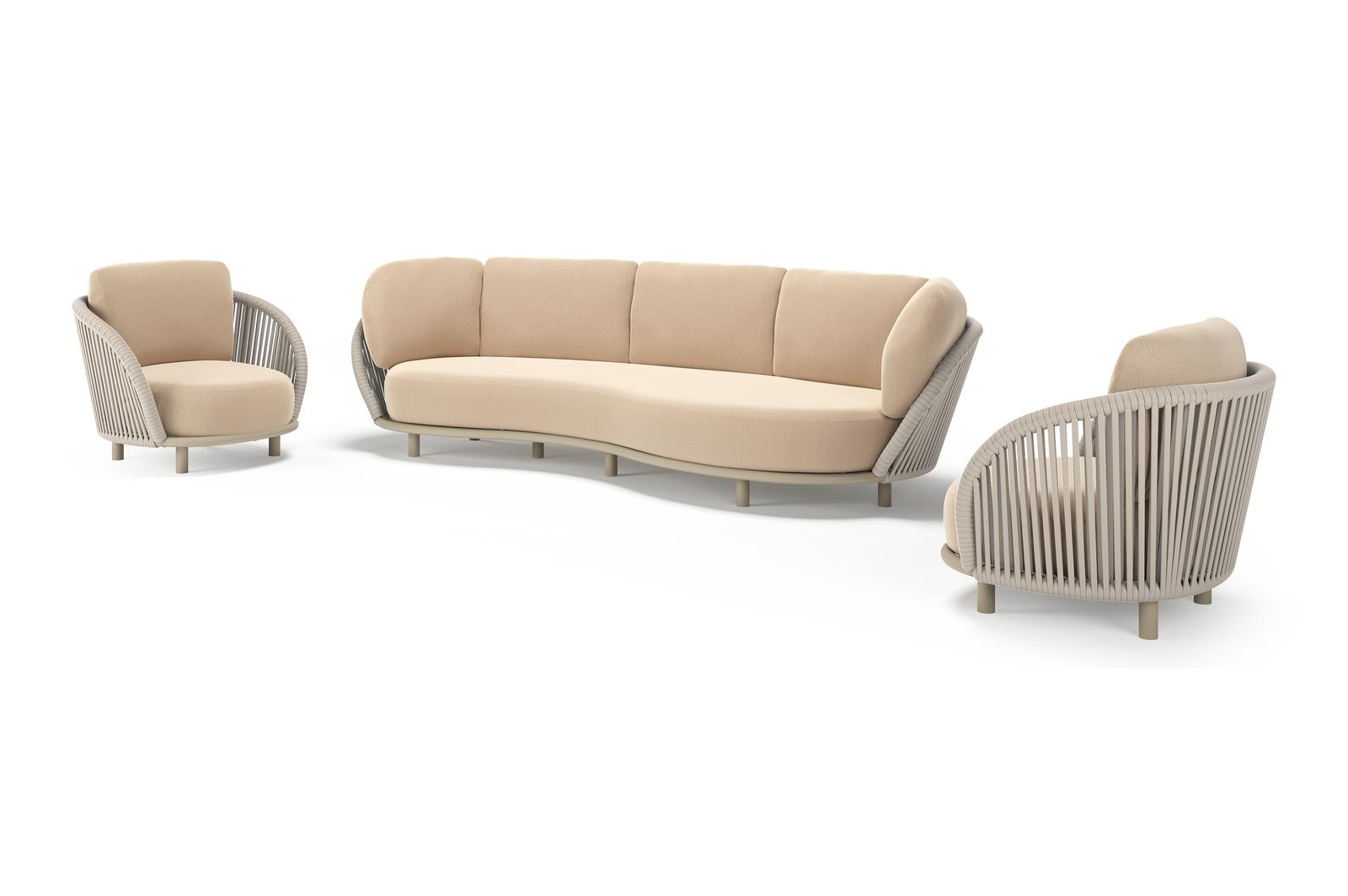 Lupino loungeset in beige aluminium en beige verticaal geweven luxe vlakke brede rope met natte heather beige all weather sunbrella® luxe kussen