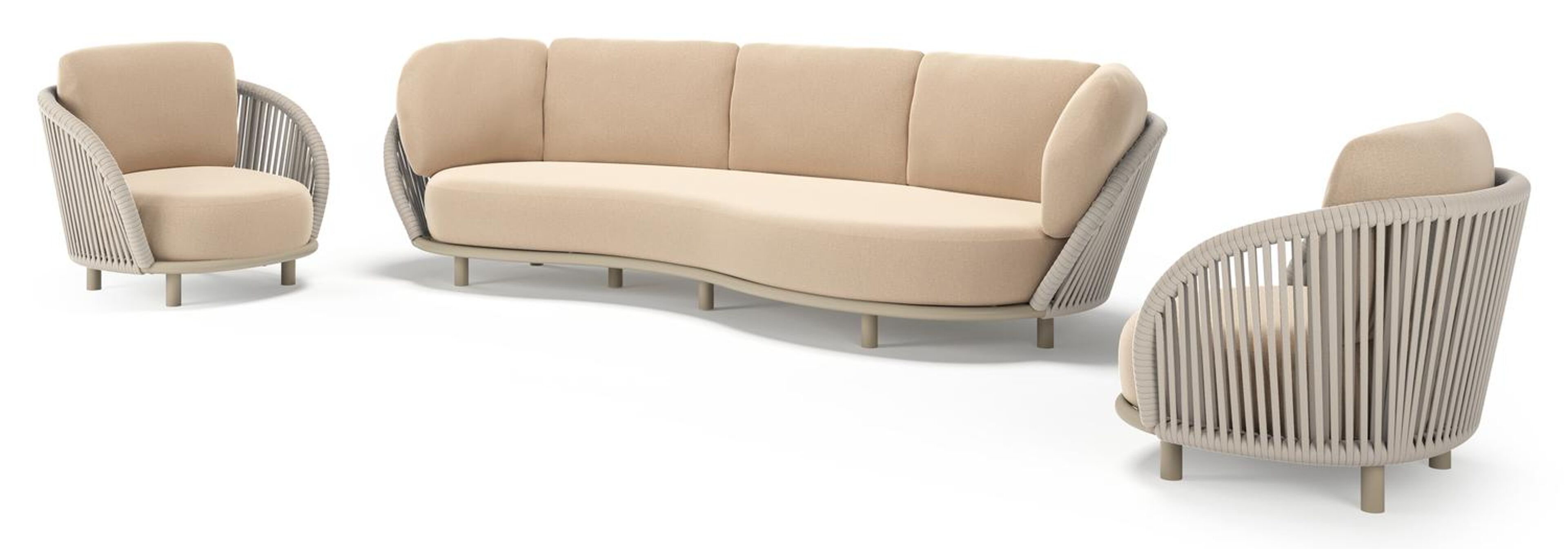 Lupino loungeset in beige aluminium en beige verticaal geweven luxe vlakke brede rope met natte heather beige all weather sunbrella® luxe kussen