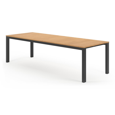 Trente tuinset in zwart aluminium en naturel teak tafelblad met 10 stapelbare Calobra tuinstoelen