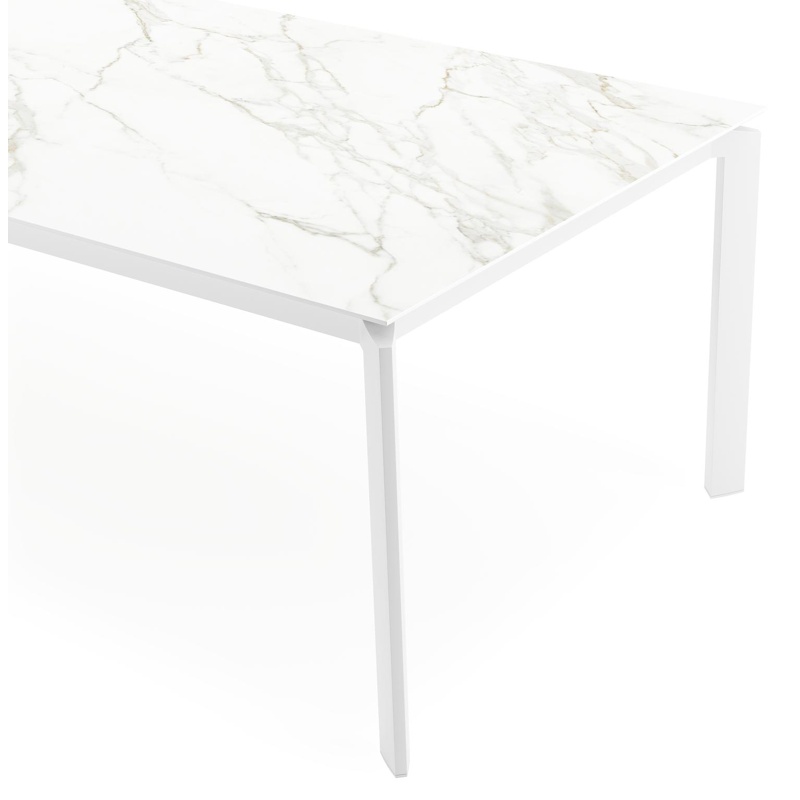 Table de jardin Cirello en aluminium blanc et céramique pleine calacatta - Lg 280 x Larg. 110 x H 75 cm