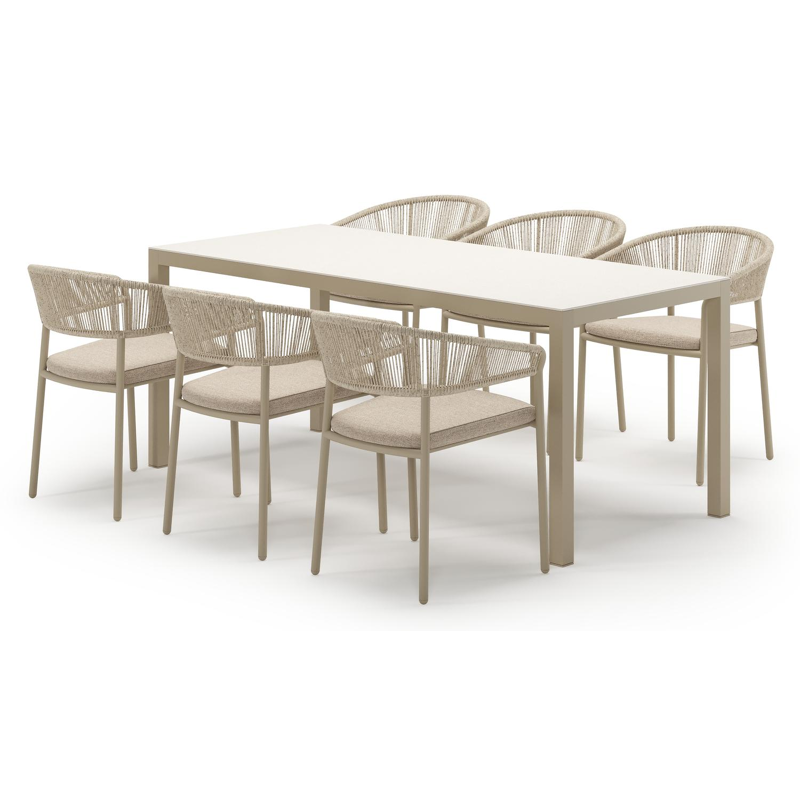 Ensemble de jardin Feltro en aluminium beige et sintered stone crema minerale avec 6 chaises de jardin empilable Zamora