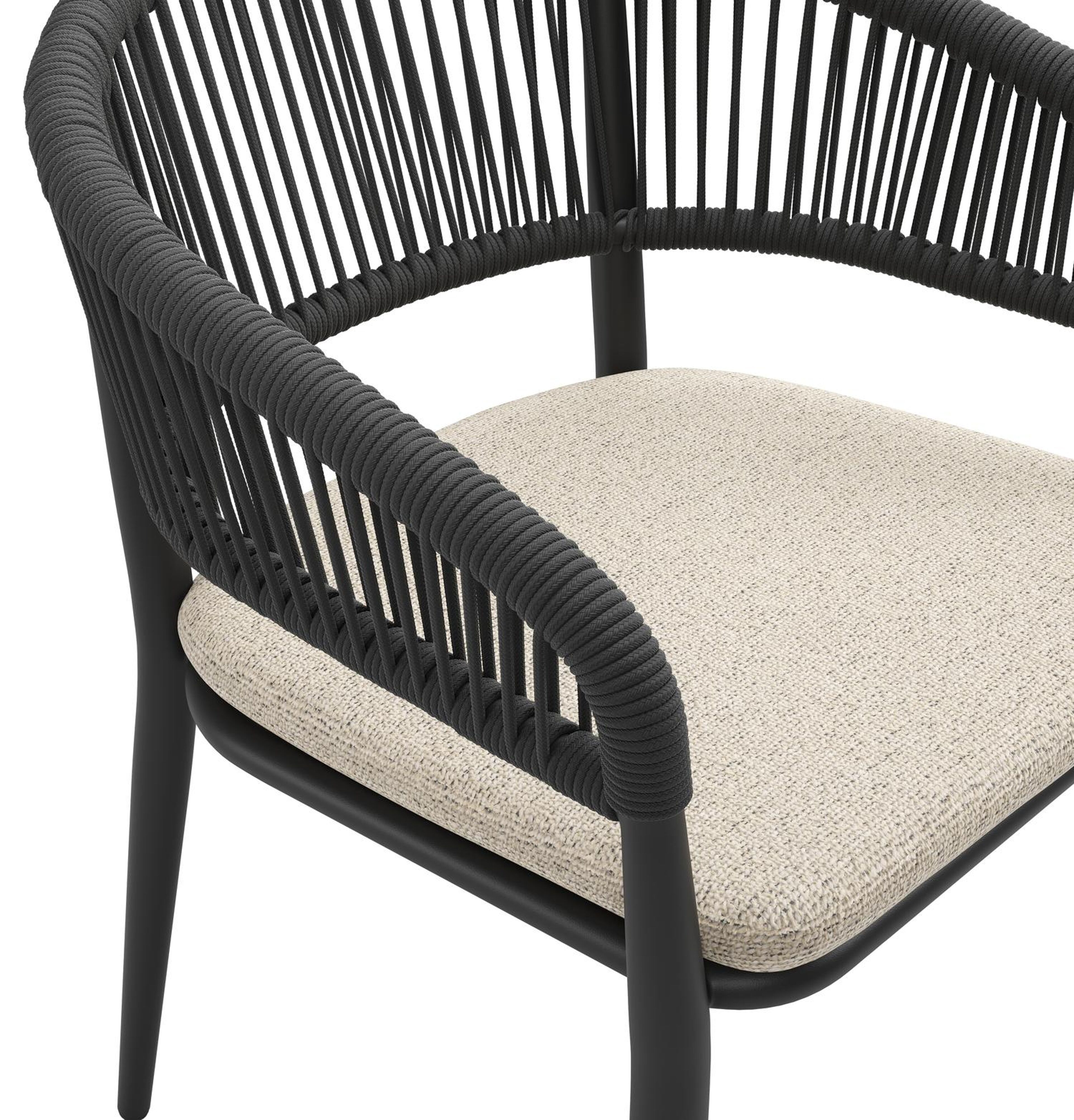 Tolfa stapelbare tuinstoel in zwart aluminium en zwart verticaal geweven ronde rope met stoelkussen in All Weather Cosytica Marbella Beige
