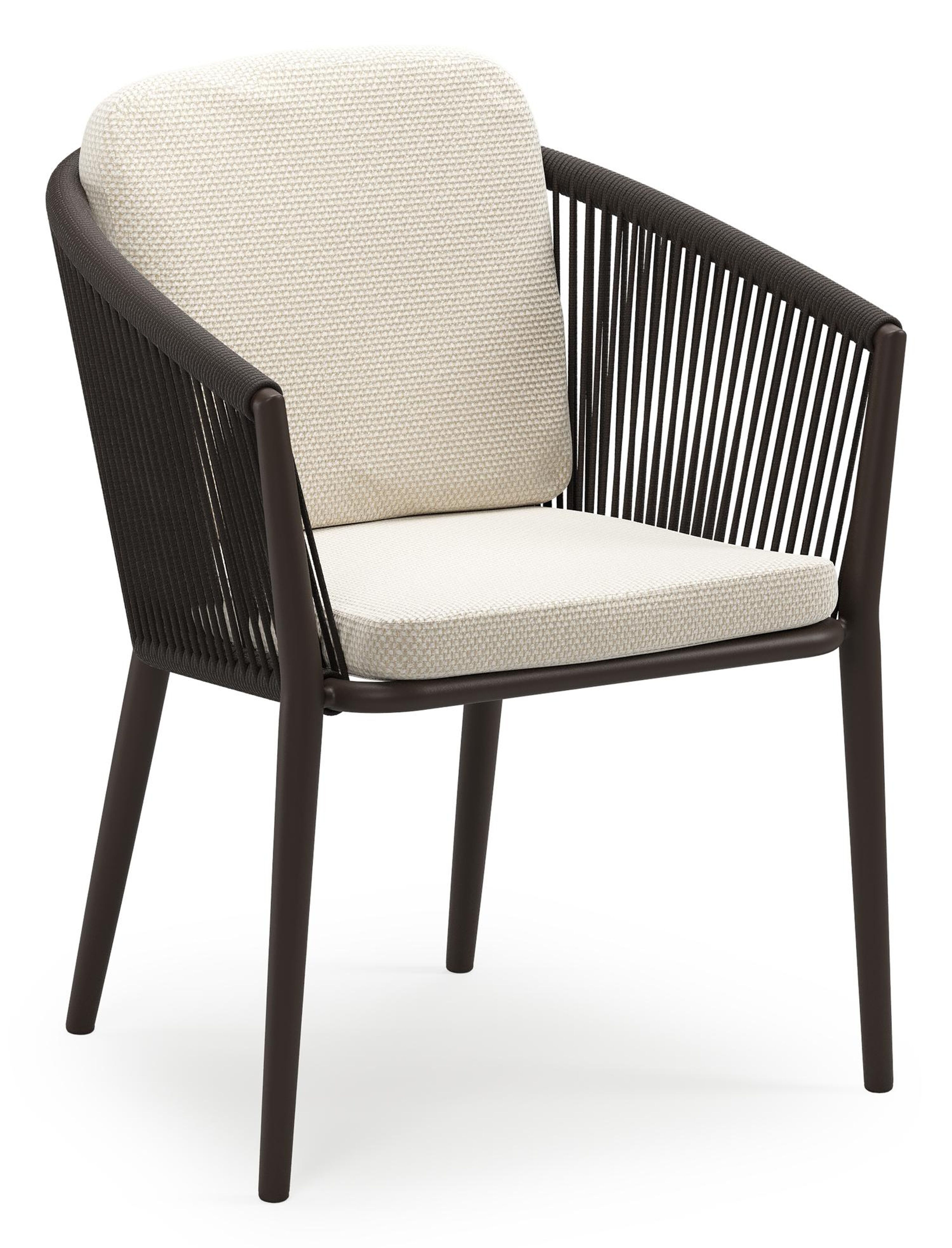 Chaise de jardin empilable Orso en aluminium brun foncé et corde ronde tissée verticalement brun foncé avec coussin en All Weather Cosytica Althea Off White