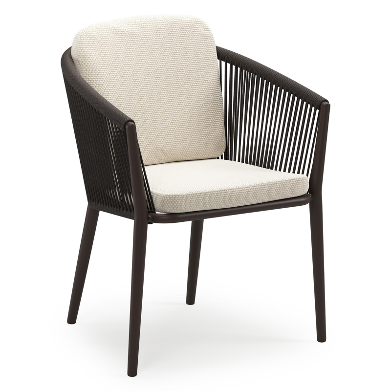 Chaise de jardin empilable Orso en aluminium brun foncé et corde ronde tissée verticalement brun foncé avec coussin en All Weather Cosytica Althea Off White