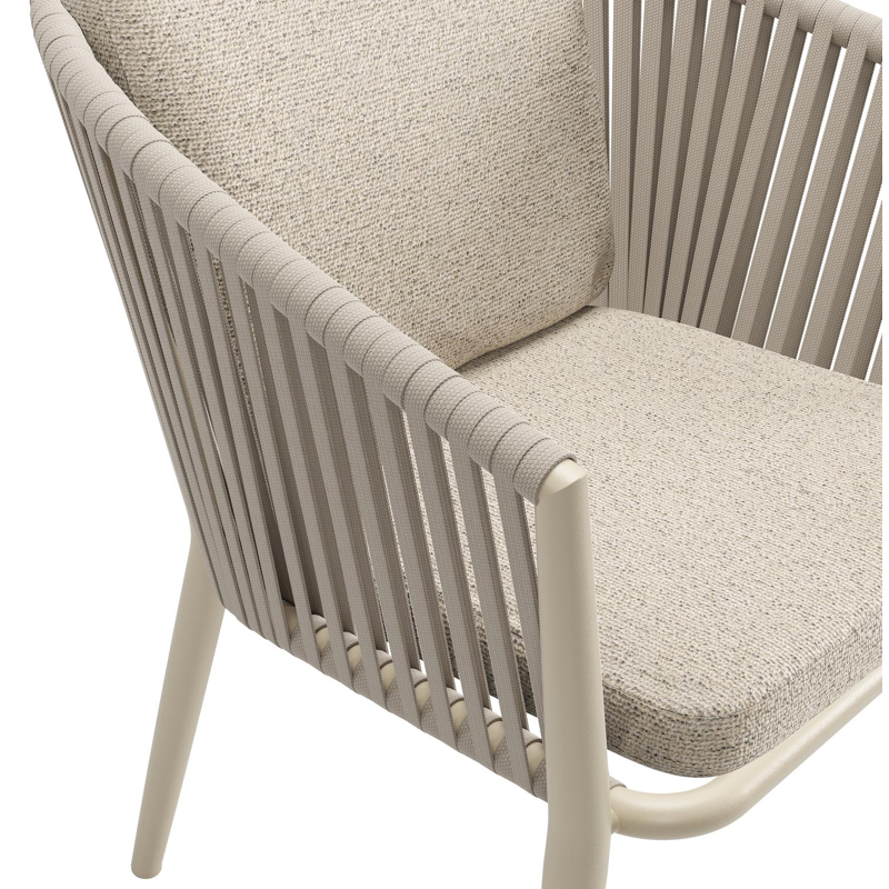 Chaise de jardin Orso en aluminium beige et corde plate tissée verticalement beige avec coussin luxe en All Weather Cosytica Marbella Beige