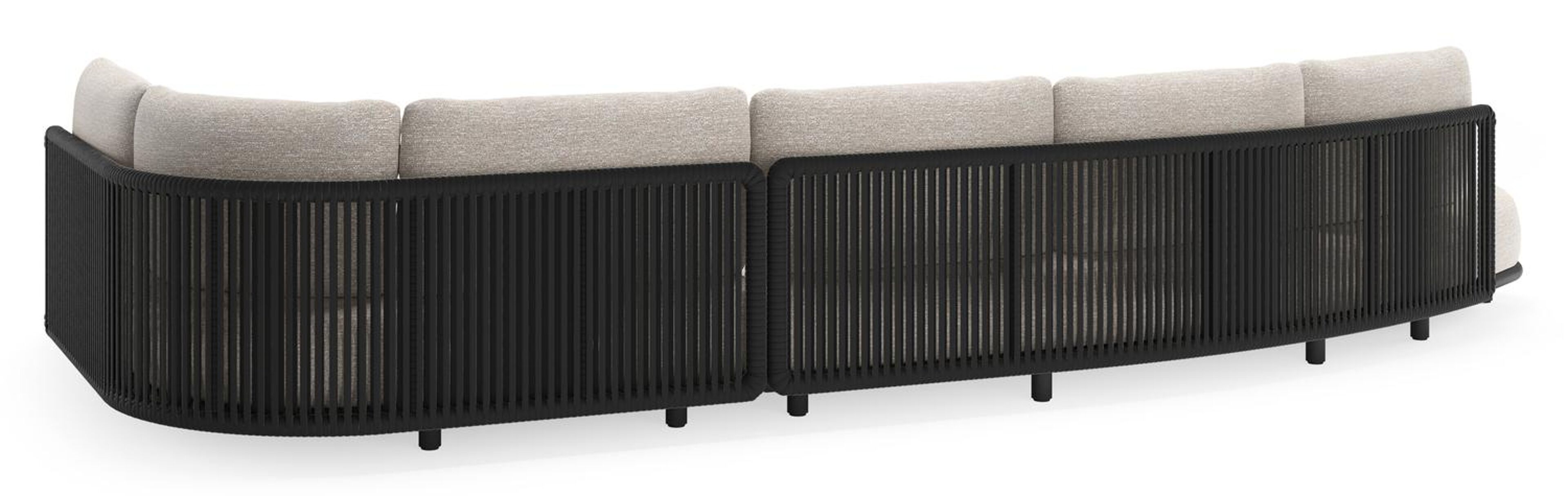 Lomano loungehoek in zwart aluminium en zwart verticaal geweven luxe vlakke rope met tundra sand all weather sunbrella® luxe kussen