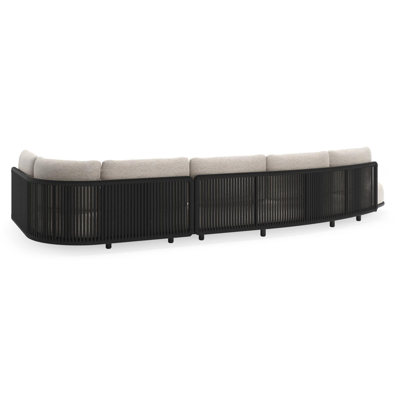 Lomano loungehoek in zwart aluminium en zwart verticaal geweven luxe vlakke rope met tundra sand all weather sunbrella® luxe kussen