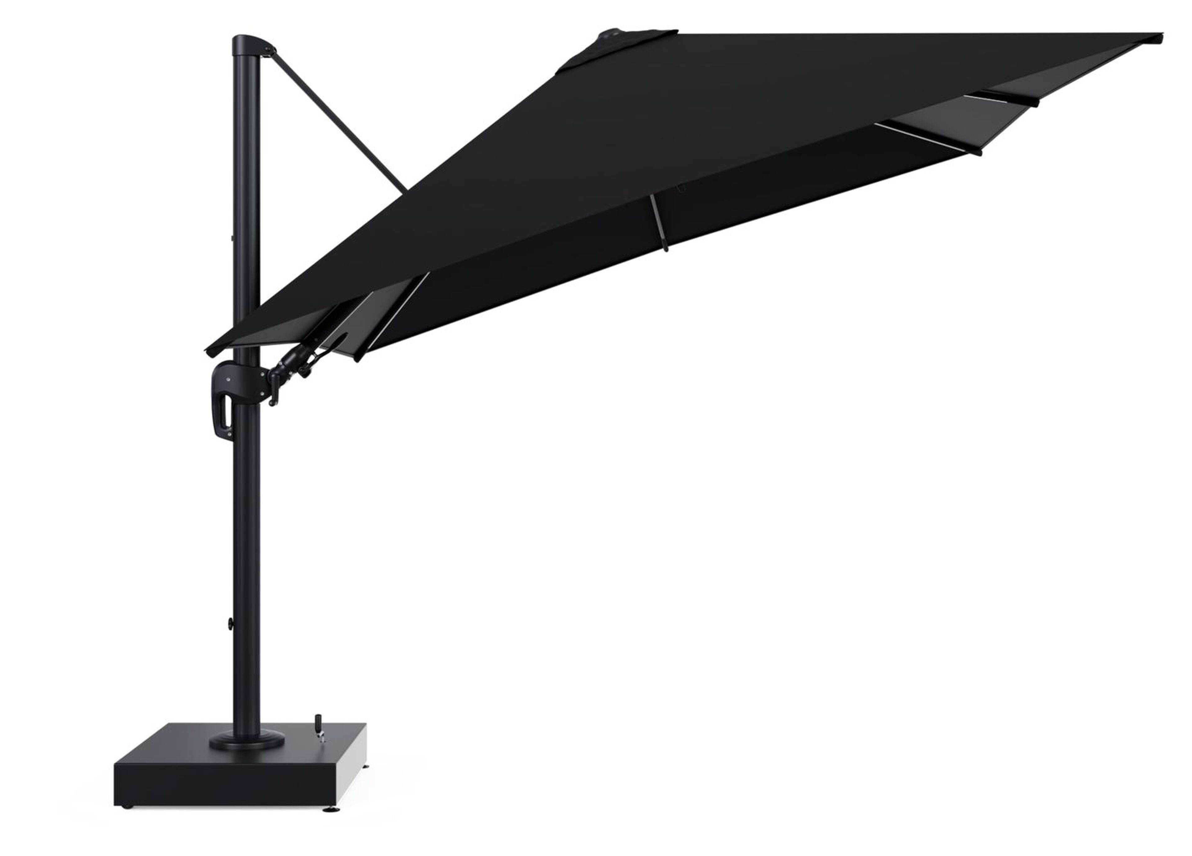 Rufina zweefparasol met tiltfunctie in zwart aluminium en zwart All Weather Sunbrella® Premium parasoldoek - L1 300 x L2 300 cm met parasolvoet Minore 150 kg met wielen