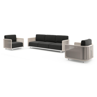 Organo loungeset in wit aluminium en beige verticaal geweven luxe vlakke rope met chartres sooty all weather Sunbrella® luxe kussen