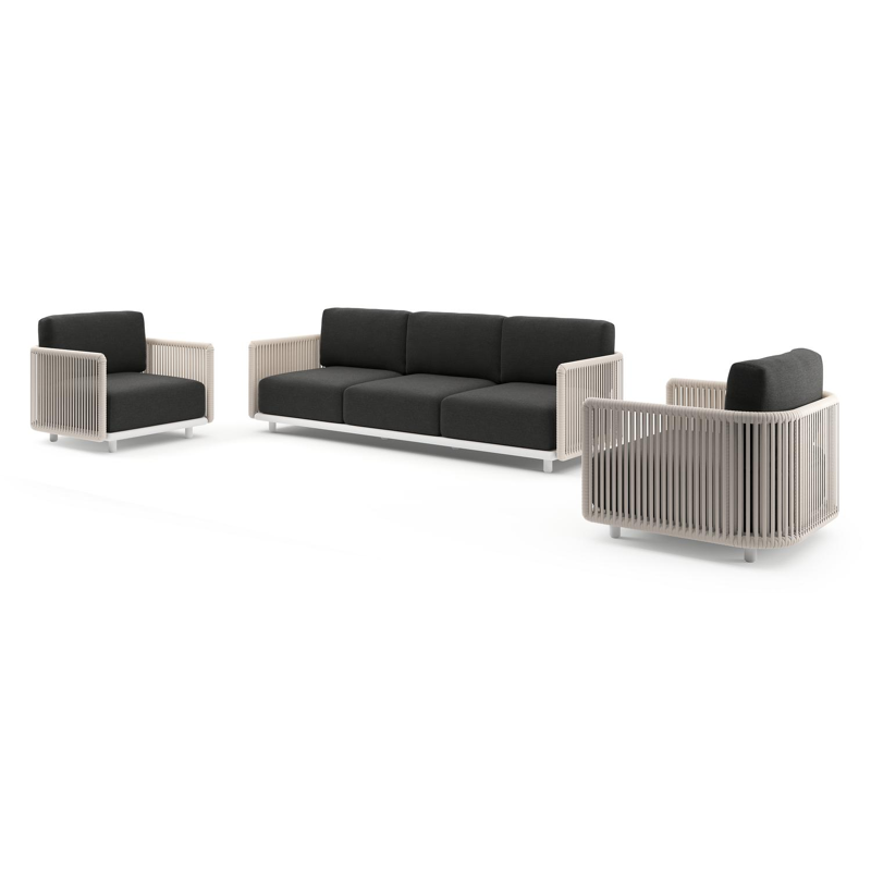 Organo loungeset in wit aluminium en beige verticaal geweven luxe vlakke rope met chartres sooty all weather Sunbrella® luxe kussen
