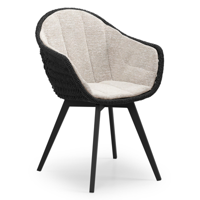 Pagino tuinstoel in zwart aluminium en zwart ronde wicker met zitkussen in All Weather Sunbrella® Luxe Tundra Sand