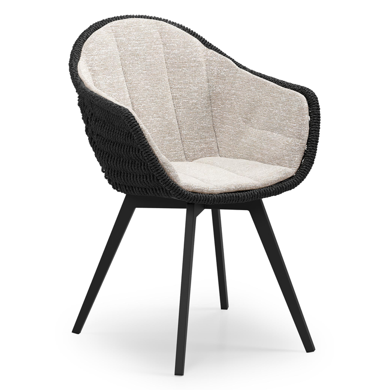 Pagino tuinstoel in zwart aluminium en zwart ronde wicker met zitkussen in All Weather Sunbrella® Luxe Tundra Sand