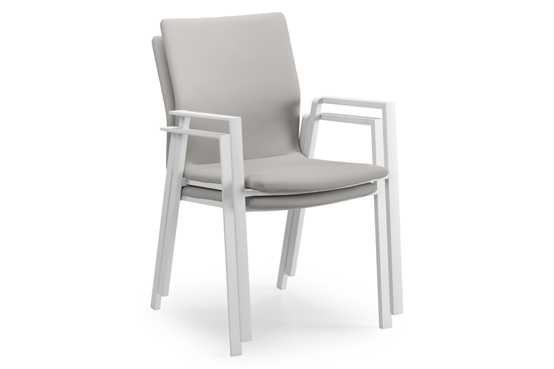 Ensemble de jardin Varese en aluminium blanc avec plateau de table en teck naturel et 10 chaises de jardin empilables Madura