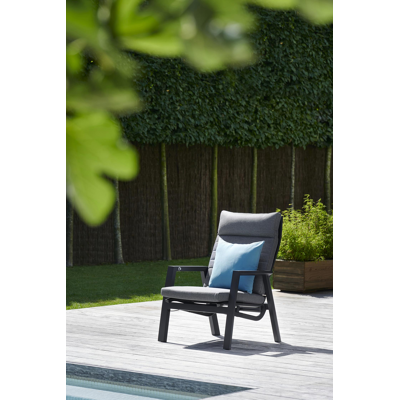 Fauteuil de jardin Prato 1-pl en aluminium noir avec coussin en weather+ textilène gris