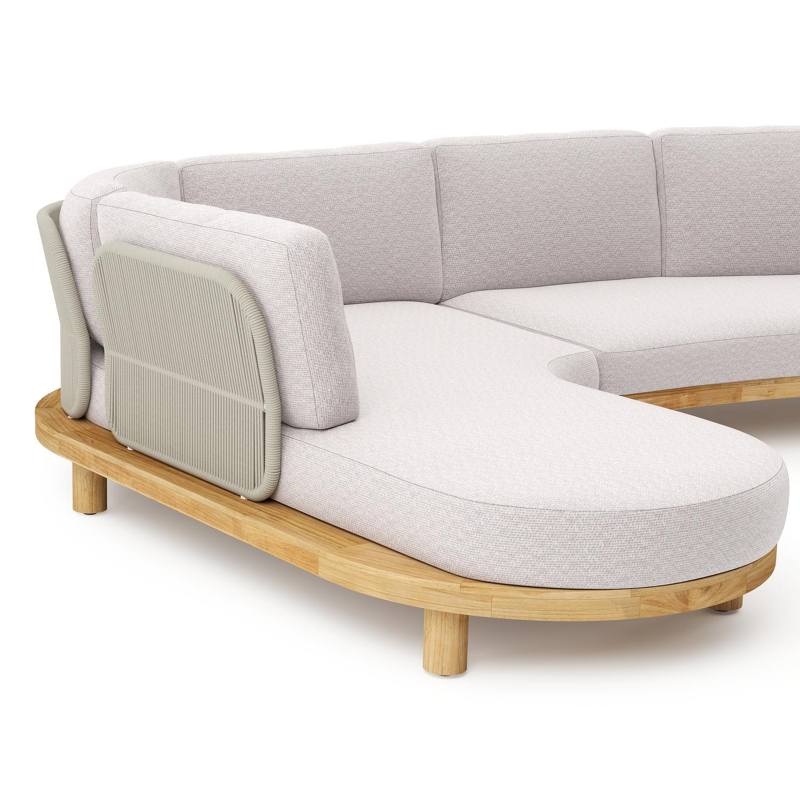Donato loungehoek in teak en beige verticaal geweven ronde rope met all weather sunbrella® luxe Wander Gobi kussen