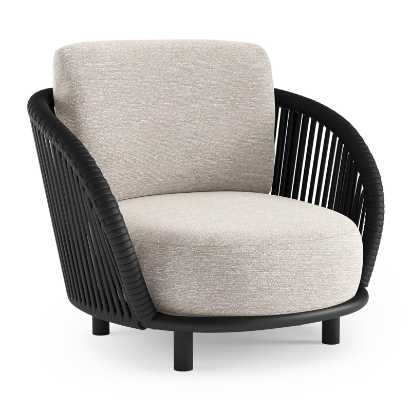 Fauteuil de jardin Lupino en aluminium noir et corde large plate de luxe tissée verticalement noir et coussins en all weather sunbrella® luxe tundra sand