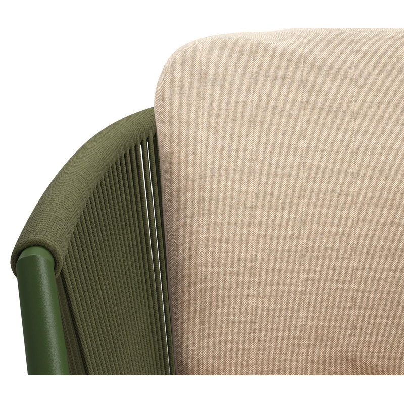 Chaise de jardin Orso en aluminium vert et corde ronde tissée verticalement vert avec coussin luxe en All Weather Sunbrella® Luxe Natte Heather Beige