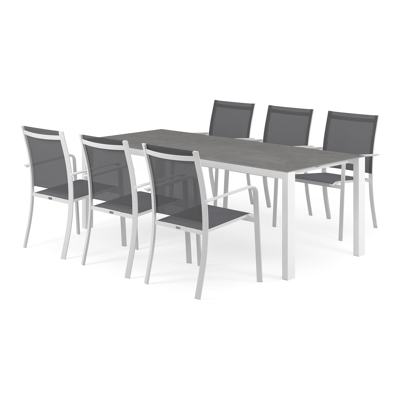 Ensemble de jardin Trente en aluminium blanc avec plateau de table en céramique pleine gris et 6 chaises de jardin empilables Calobra