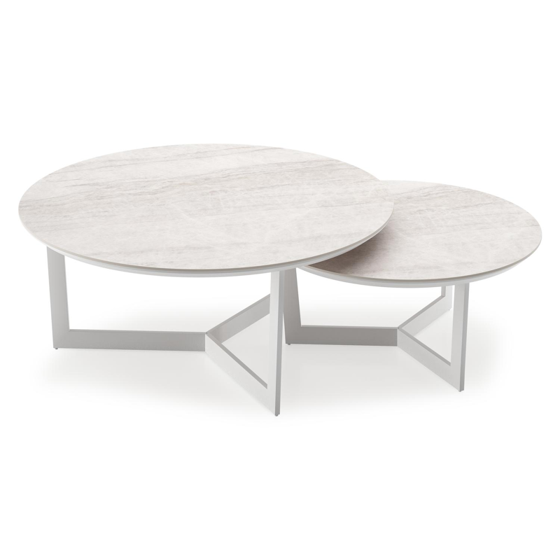 Lacrima set van 2 loungetafels rond in wit aluminium en volkeramiek Taj Mahal - Dia. 85 x H 35 cm