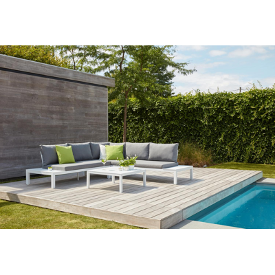 Salon de jardin d'angle Toma en aluminium blanc avec coussins en polyester gris et table basse
