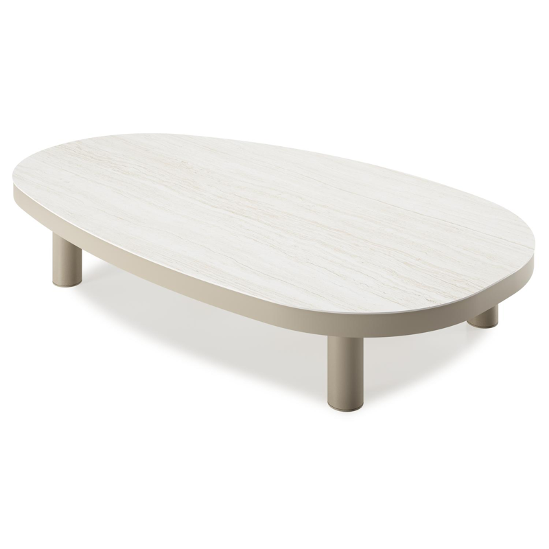 Table de basse Donato organique en aluminium beige et céramique pleine Calista - Lg. 151 x Lrg. 90 x Haut. 24.5 cm