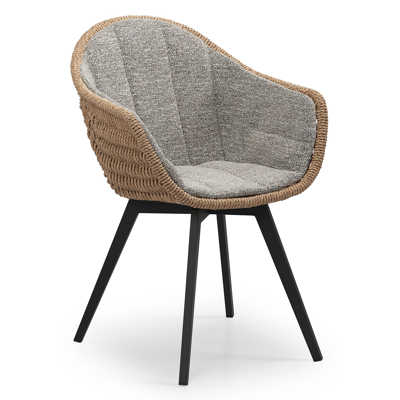 Pagino tuinstoel in zwart aluminium en naturel ronde wicker met zitkussen in All Weather Sunbrella® Luxe Tundra Pepper